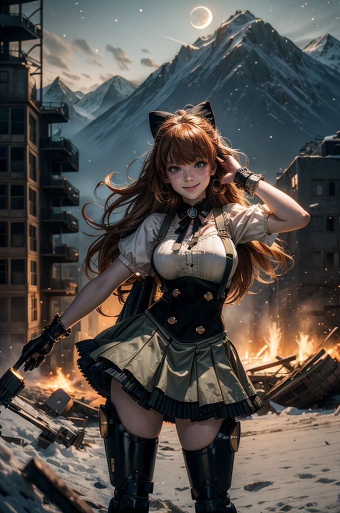 cowboy shot, (dynamic pose), smile, underbust, Penny Polendina, long hair, neck ribbon, suspender skirt, corset, black bow, white blouse, mechanical legs, neon trim, standing with crowd in city ruins on hill, overlooking valley, BREAK night, stars, moon, snow, BREAK mountains in background, waterfall, vehicle wreck, , (crowd in military uniform), bonfires, post-apocalypse, dystopian future, (volumetric lighting), intricate details, tonemapping, sharp focus, hyper detailed