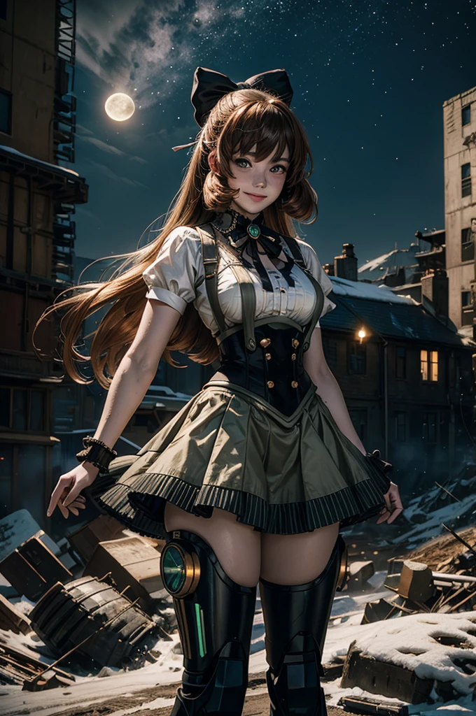 cowboy shot, (dynamic pose), smile, underbust, Penny Polendina, long hair, neck ribbon, suspender skirt, corset, black bow, white blouse, mechanical legs, neon trim, standing with crowd in city ruins on hill, overlooking valley, BREAK night, stars, moon, snow, BREAK mountains in background, waterfall, vehicle wreck, , (crowd in military uniform), bonfires, post-apocalypse, dystopian future, (volumetric lighting), intricate details, tonemapping, sharp focus, hyper detailed