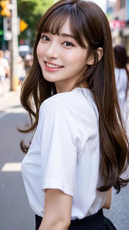 (8K、Highest quality、masterpiece、Ultra-high resolution、High resolution face:1.3)、Portrait、(20-year-old girl:1.3)、Beautiful poop、cute、Ceremonial vestments、Bokeh Depth of Field、frontage、 The smile of a genius, shirt、Ultra-detailed、Ultra-high resolution、(Realistic、Realistic photos:1.37)、Portrait、High-resolution RAW color photos、Professional photography、hVery detailed and beautiful、Very detailed、8K Picture Wallpaper、Amazingly detailed、Large file size、Official Art、HVery detailed CG Unity 8K wallpapers、hVery detailed beautiful girl、Very detailed顔、Very detailed目、Very detailed皮膚、Very detailed指、hVery detailed nose、Very detailed詳細な口、Perfect ???????、Blurred Background、HVery detailed clothing、1 girl、(18:1.2)、Teen、cute、Famous Japanese Idols、cute、Realistic body、Petite、White skin、Glowing Skin、The body is slim、Handsome bBrown haired、Semi-long hair、(Blunt bangs:1.2)、Curly Hair、Laughter、cute、Zola々right、cute faces、A vivid face、Delicate eyes、Source Order、白いTshirt、Skirt、耳Nipple Ring、Looking into the camera、Cowboy Shot、street、Positive、Contrapo、public
