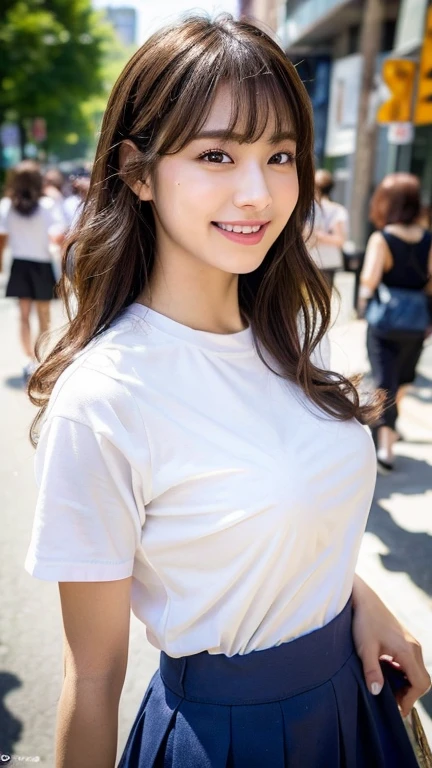 (8K、Highest quality、masterpiece、Ultra-high resolution、High resolution face:1.3)、Portrait、(20-year-old girl:1.3)、Beautiful poop、cute、Ceremonial vestments、Bokeh Depth of Field、frontage、 The smile of a genius, shirt、Ultra-detailed、Ultra-high resolution、(Realistic、Realistic photos:1.37)、Portrait、High-resolution RAW color photos、Professional photography、hVery detailed and beautiful、Very detailed、8K Picture Wallpaper、Amazingly detailed、Large file size、Official Art、HVery detailed CG Unity 8K wallpapers、hVery detailed beautiful girl、Very detailed顔、Very detailed目、Very detailed皮膚、Very detailed指、hVery detailed nose、Very detailed詳細な口、Perfect Anatomy、Blurred Background、HVery detailed clothing、1 girl、(18:1.2)、、cute、Famous Japanese Idols、cute、Realistic body、Petite、White skin、Glowing Skin、The body is slim、Handsome bBrown haired、Semi-long hair、(Blunt bangs:1.2)、Curly Hair、Laughter、cute、Zola々right、cute faces、A vivid face、Delicate eyes、Source Order、白いTshirt、Skirt、耳Nipple Ring、Looking into the camera、Cowboy Shot、street、Positive、Contrapo、public