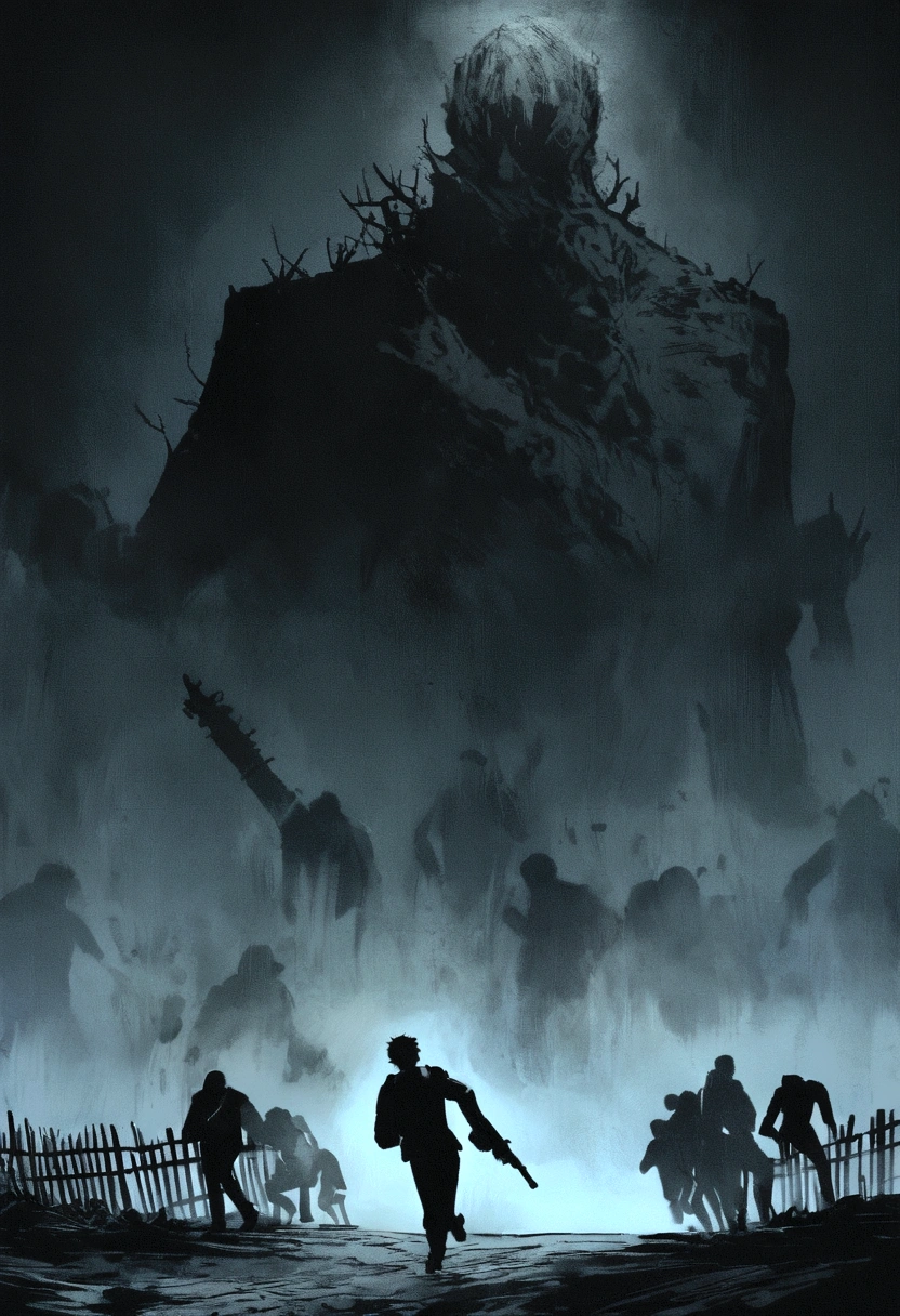 a tired and limping man with a backpack and a double-barreled shotgun, running away from decaying zombies that are breaking fences behind him, drawn in a somber tone. the man's face is not visible, adding to the mysterious and tense atmosphere of the scene.
