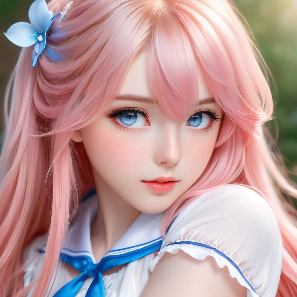 A hyper-realistic close-up portrait of an anime girl with striking blue eyes and long, flowing pink hair. She has a delicate, ethereal beauty with soft, rosy cheeks and subtle freckles. The background is softly blurred, adding to the dreamy and magical atmosphere. The girl's expression is calm and serene, capturing a sense of gentle wonder. Photo realistic, photo, vibrant colors, 16k