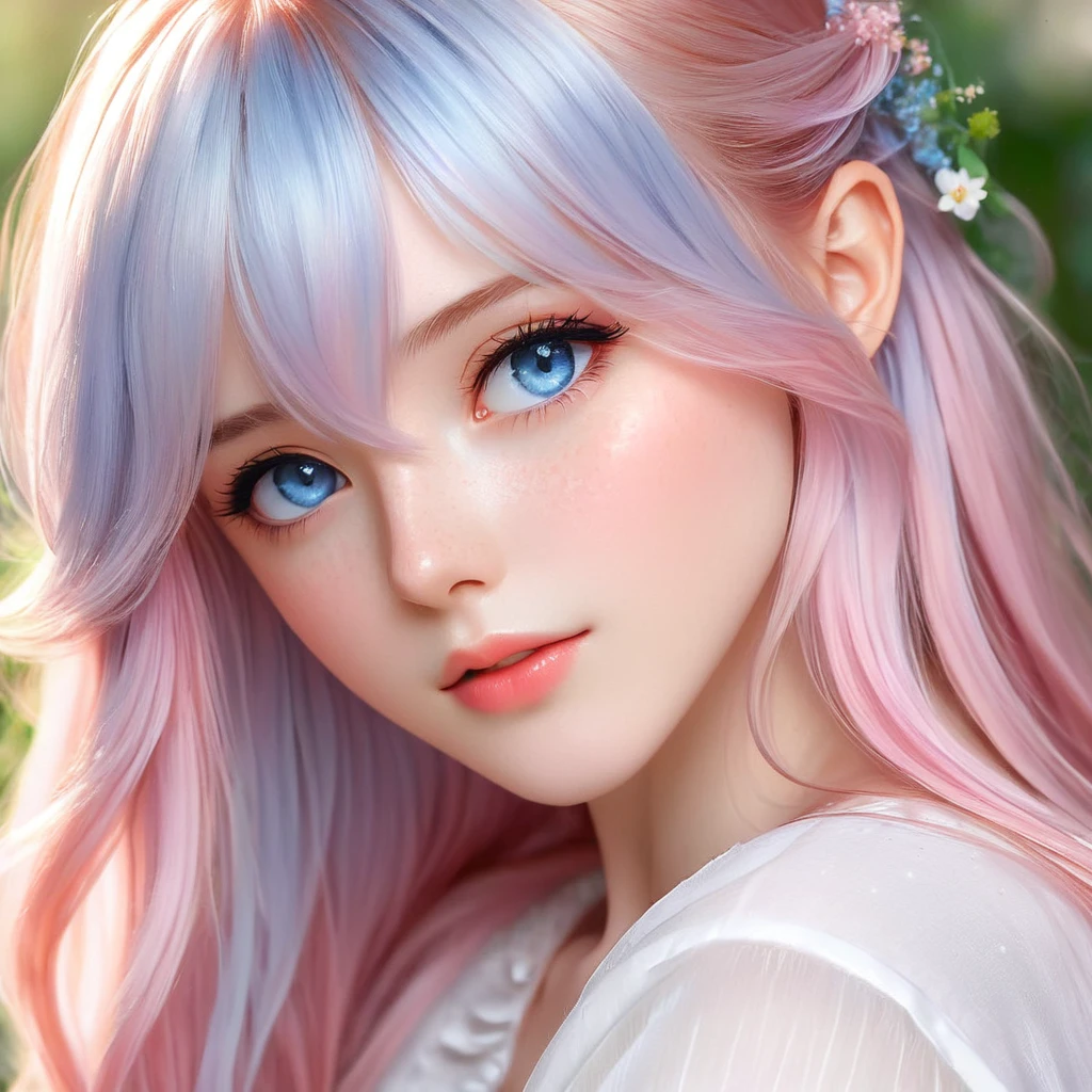 A hyper-realistic close-up portrait of an anime girl with striking blue eyes and long, flowing pink hair. She has a delicate, ethereal beauty with soft, rosy cheeks and subtle freckles. The background is softly blurred, adding to the dreamy and magical atmosphere. The girl's expression is calm and serene, capturing a sense of gentle wonder. Photo realistic, photo, vibrant colors, 16k