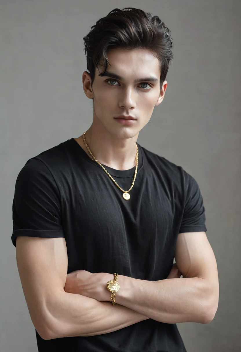 A photo of a male fashion model with white skin, dark hair and eyes. He is wearing a black t-shirt and a thin gold chain. He has a blank, neutral expression on his face and is posing with his arms crossed. The background is a simple gray wall.