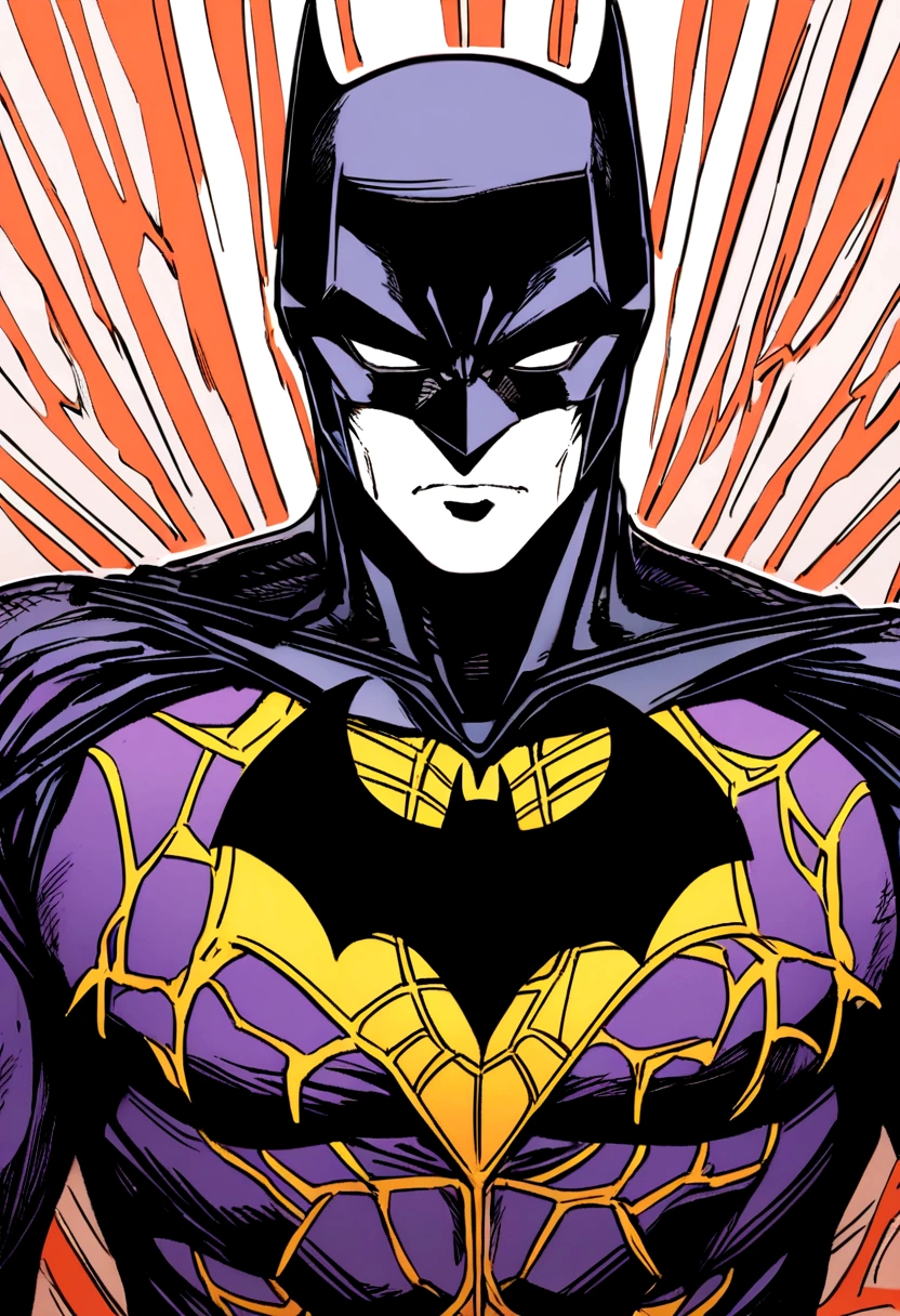 Batman wearing his traditional bat suit but with Spiderman's chest symbol and web pattern in white, with a serious look on his face