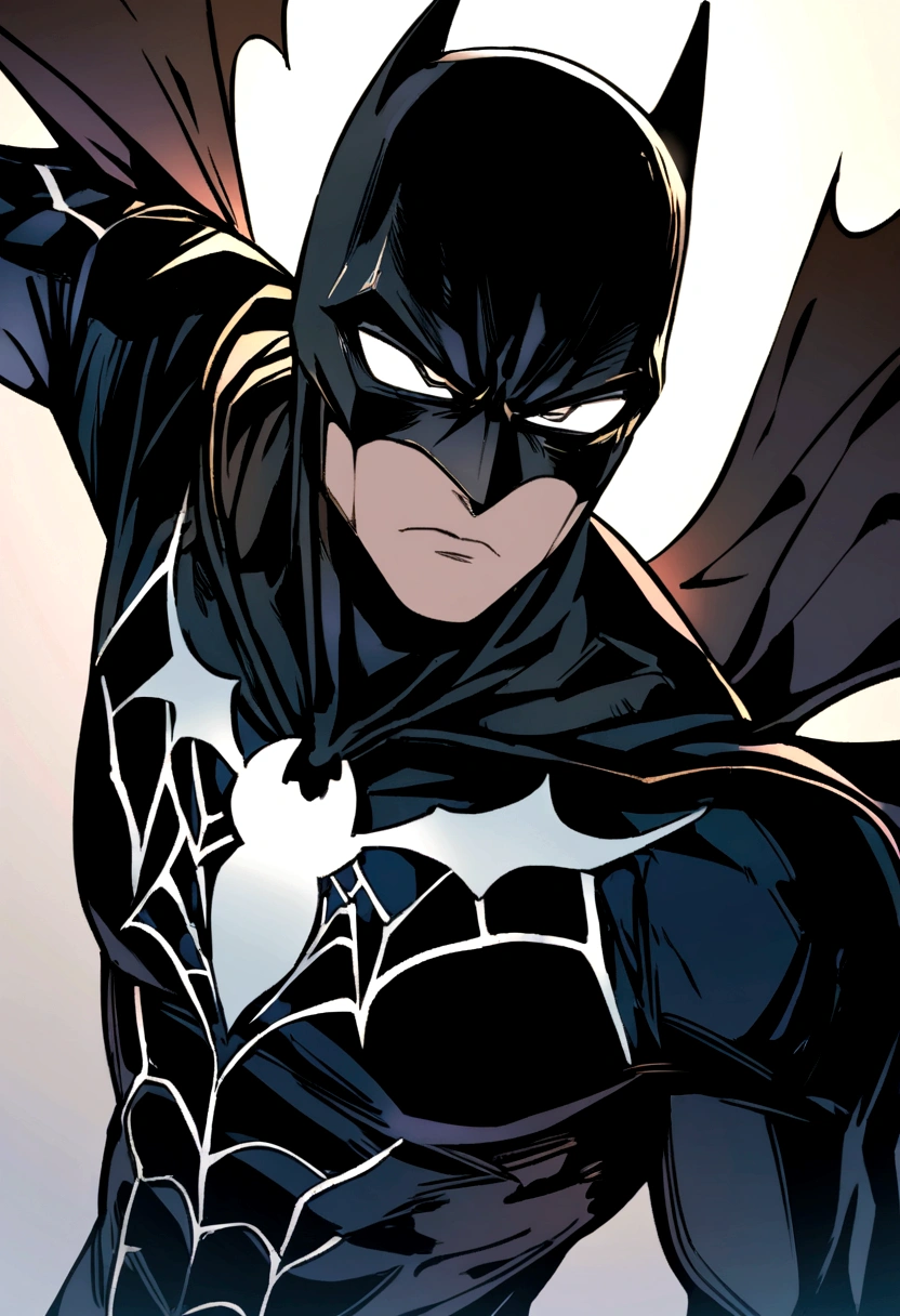 Batman wearing his traditional bat suit but with Spiderman's chest symbol and web pattern in white, with a serious look on his face