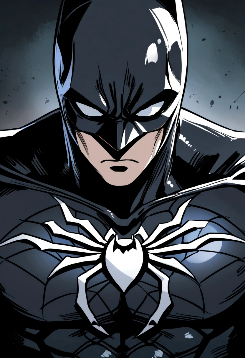 Batman wearing his traditional bat suit but with Spiderman's chest symbol and web pattern in white, with a serious look on his face