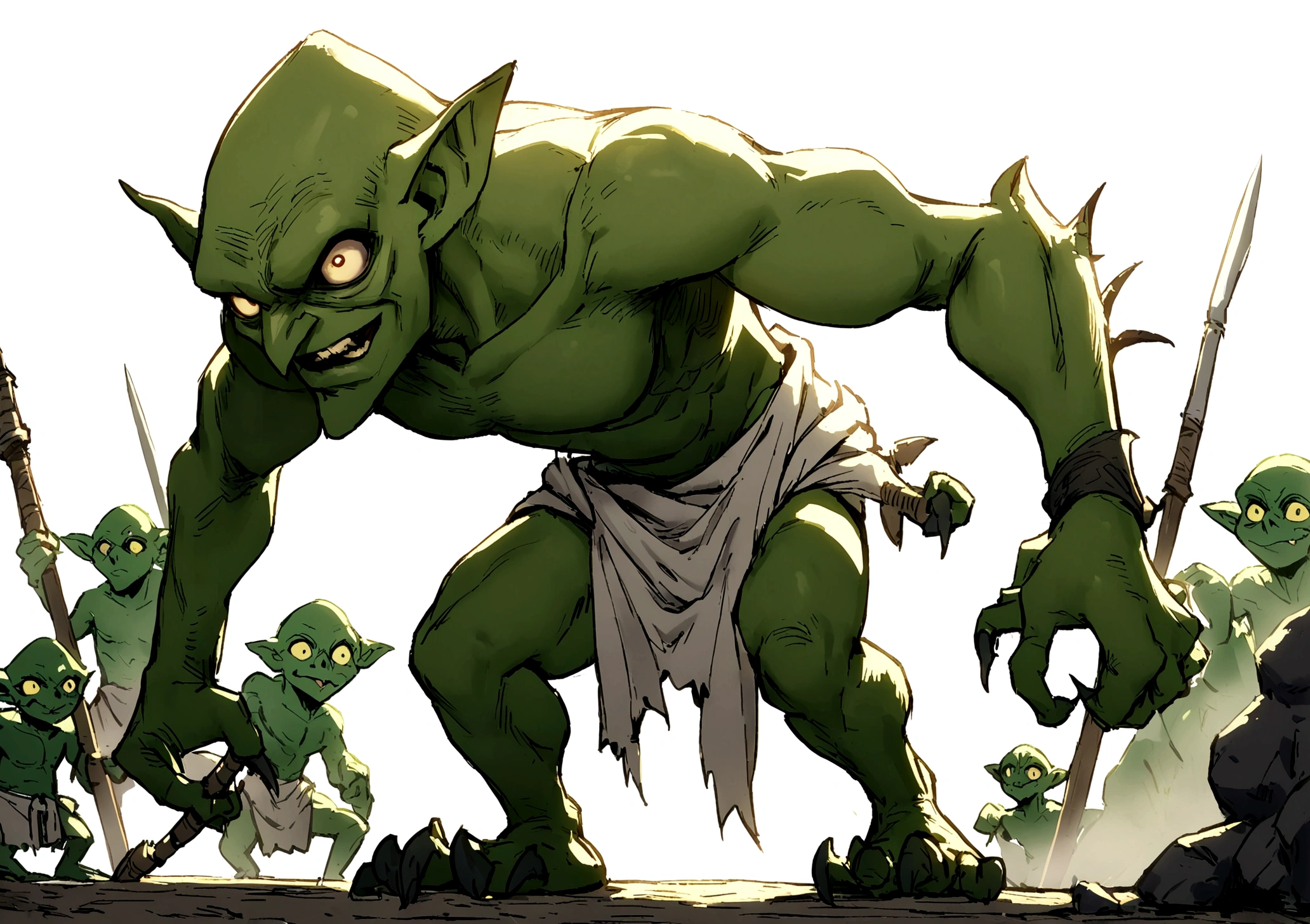 fantasy medieval goblins scary small green no armour no cloths looks savage and barbaric wearing cloth around his waist scary looking full body turn around skinny no muscles, white background one goblin