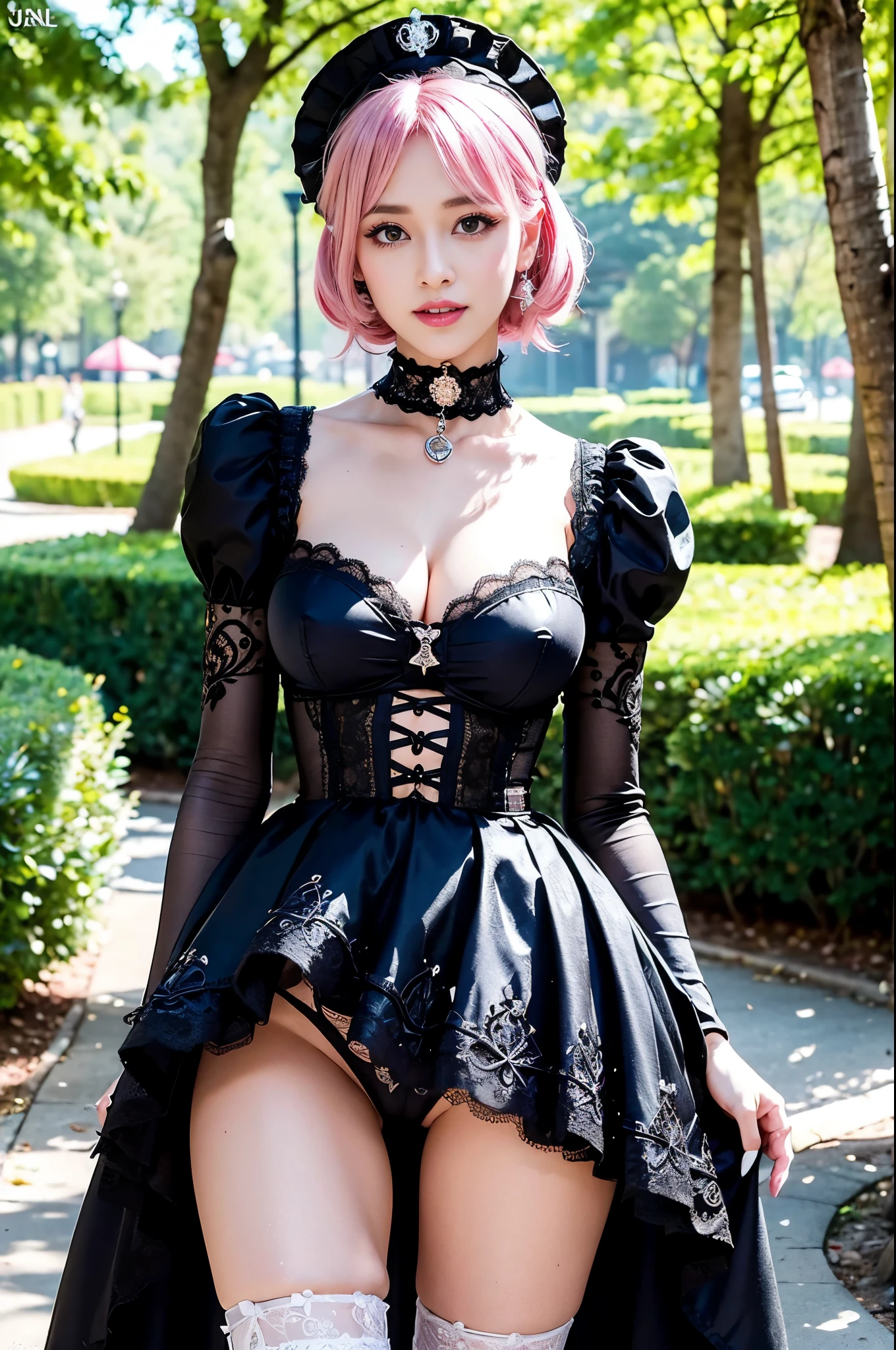 (nsfw), sexy stylish Swedish model, only 1 female, ((doll-like appearance)), short neon pink stylish hair, ((shiny Victorian-Style boots)), (big smile), ultra detailed eyes, vivid eye makeup, lip-gloss, long lashes, defined eyebrows, ((sexy Paradise Kiss cosplay)), bell-shaped skirt, petticoats, high neckline, puffed sleeves, ((ultra detailed lace)), ((ultra detailed embroidery)), intricate details, Paradise Kiss accessoires and matching headpiece, choker, ((large sparkling Paradise Kiss jewelry)), cinematic light, detailed large park background with trees