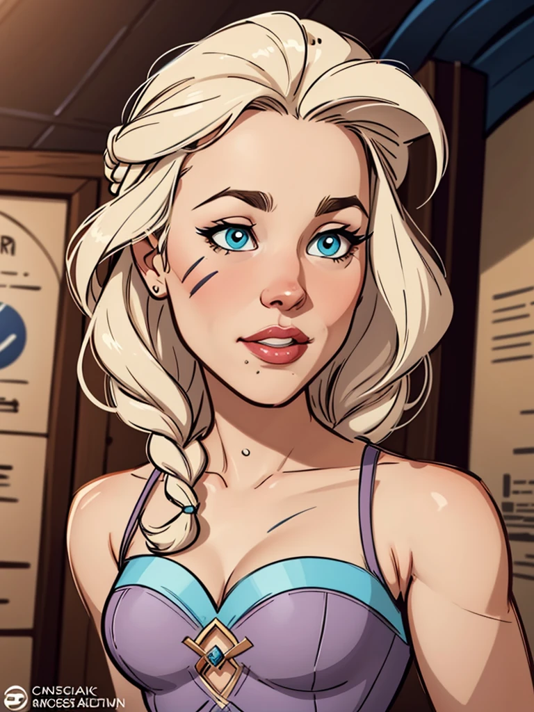 Compensation! Here is the revised and cleaner text:
--- Character: Queen Anna of Arendelle with battle scars.
Description: Cartoon image of a woman. Cartoon style illustration, with highly detailed character design. detailed digital art, showing courage and high quality portrait.
characteristics:
- Portrait character design - Beautiful digital illustration - Comic art - Young girl with braided hair - Beautiful lined eyes - Medium-large bust and wonderful sexy clothes - Expression of sexual desire from waist to head ---