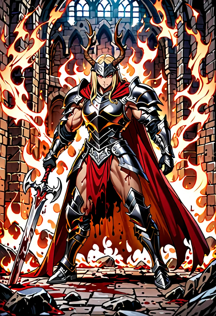 Masterpiece, exquisite and detailed, 8k, high resolution, merdieval fantasy, warrior, long blonde hair, light red eyes, muscular body, helmet with horns, black armor with red cape, carving of a red deer on the breastplate of the armor, standing with the flaming sword stuck on the ground, chaotic dungeon with blood scattered and fire
