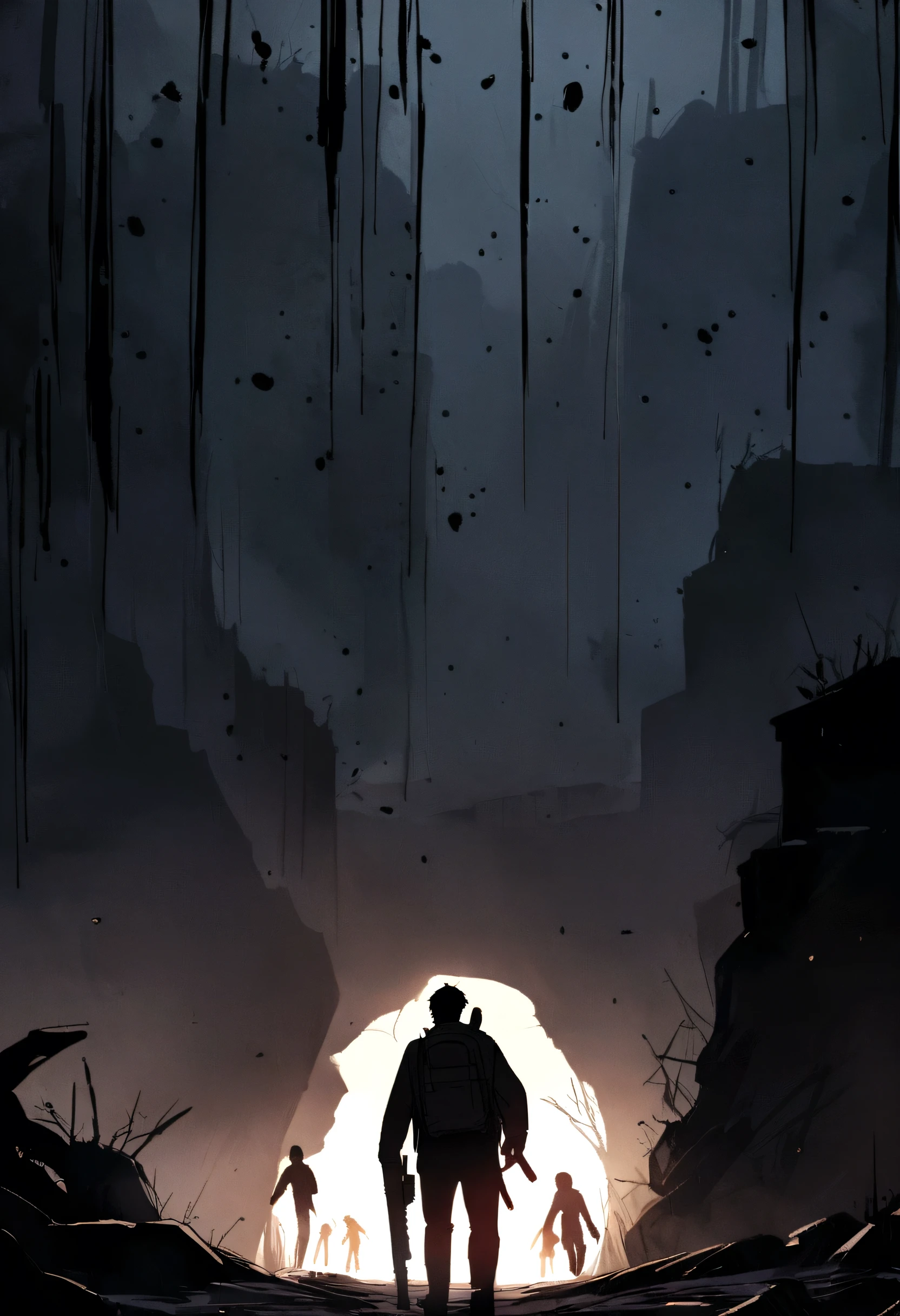 a tired and limping man with a backpack and a double-barreled shotgun, running away from decaying zombies that are breaking fences behind him, drawn in a somber tone. the man's face is not visible, adding to the mysterious and tense atmosphere of the scene.