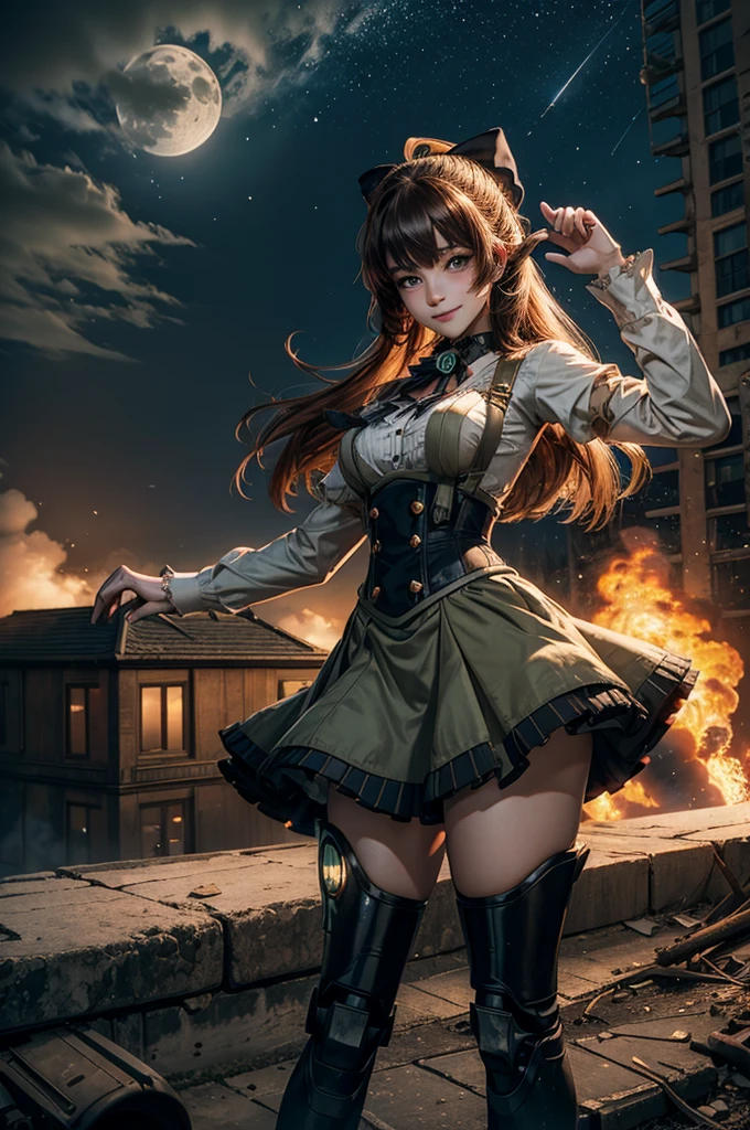 cowboy shot, (dynamic pose), smile, underbust, Penny Polendina, long hair, neck ribbon, suspender skirt, corset, black bow, white blouse, mechanical legs, neon trim, standing with crowd in city ruins on hill, overlooking valley, BREAK night, stars, moon, snow, BREAK mountains in background, waterfall, vehicle wreck, , (crowd in military uniform), bonfires, post-apocalypse, dystopian future, (volumetric lighting), intricate details, tonemapping, sharp focus, hyper detailed