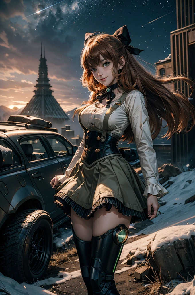 cowboy shot, (dynamic pose), smile,  underbust, Penny Polendina, long hair, neck ribbon, suspender skirt, corset, black bow, white blouse, mechanical legs, neon trim, standing with crowd in city ruins on hill, overlooking valley, BREAK night, stars, moon, snow, BREAK mountains in background, waterfall, vehicle wreck, , (crowd in military uniform), bonfires, post-apocalypse, dystopian future, (volumetric lighting), intricate details, tonemapping, sharp focus, hyper detailed

