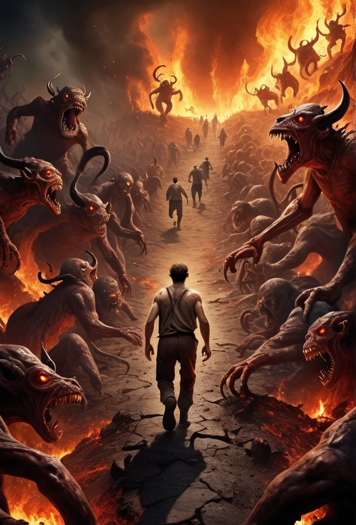 Man lost in the abbys of hell, creatures around him, high quality picture, run down world