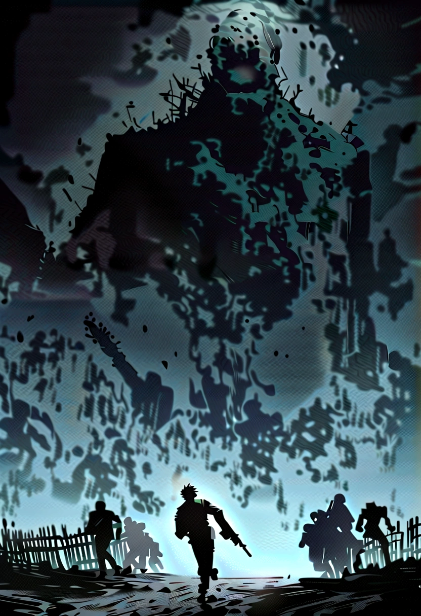 a tired and limping man with a backpack and a double-barreled shotgun, running away from decaying zombies that are breaking fences behind him, drawn in a somber tone. the man&#39;s face is not visible, adding to the mysterious and tense atmosphere of the scene.
