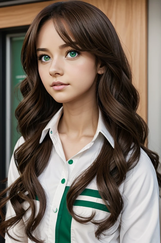 Screenshot my hero academia Girl with long brown curly hair, with green eyes
