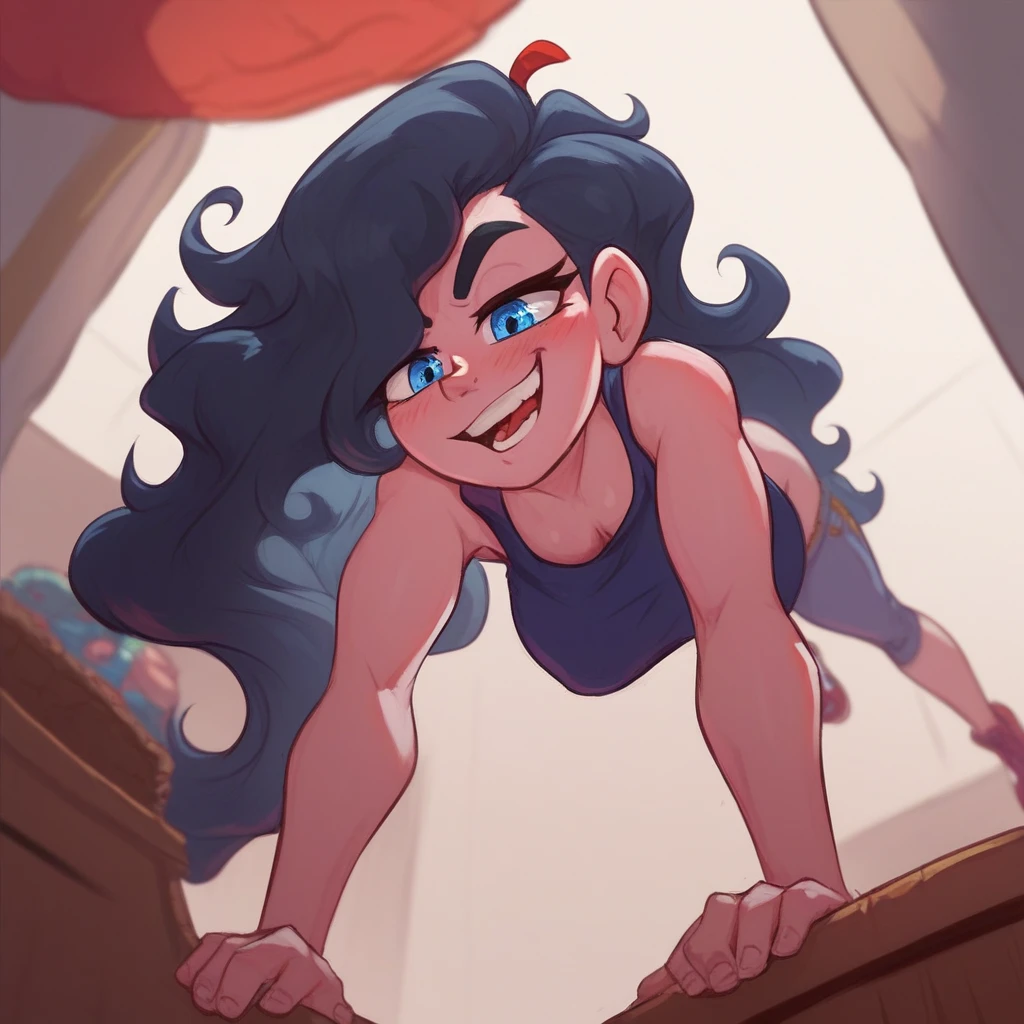 a curvy blue-eyed girl with long wavy black hair, small breasts, nudity, torn tanktop, tits out, hyper detailed, vivid colors, Ralph Bakshi style