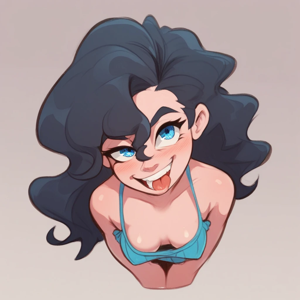 Ralph Bakshi Style, Curvy blue eyed girl with long wavy black hair and small breasts, (partial nudity1).5, (extreme nsfw)2.5, (tits hanging out)1.5, lewd