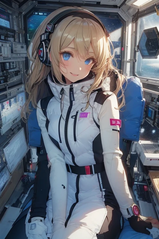 masterpiece, highest quality, high resolution, breasts, 20yo,1 girl,(solo):2,,blonde hair,(inside space station):2,flying:2,floatong:2,zero gravity,wind:1.5,anime lovelive style,

BREAK
headphone,(futurstic tight-fit bodysuit):2,(shiny silver long downvest):100,(northface silver metallic puffy downvest):2,(puffy):2,(black sleeves):5,(black tights):2,(black belt),futuristic boots and gloves,(smartwatch):100,astrovest
BREAK
1 girls, sitting in spacecraft cabin with 4-point seat belt, securely fastened, space station interior, looking out of large windows at Earth below, beautiful eyes, she have aluminum foil pouch,(aluminum foil pouch with plastic viewing window):2, contains nutritious liquid or puree together, smiling and chatting, bright and cheerful expressions, high quality cinematic lighting, detailed textures, sharp focus,blue hair,blue eyes,

