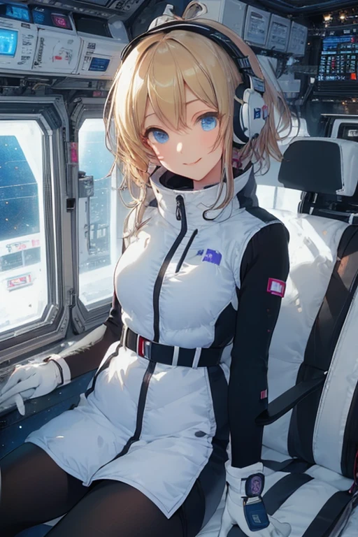 masterpiece, highest quality, high resolution, breasts, 20yo,1 girl,(solo):2,,blonde hair,(inside space station):2,flying:2,floatong:2,zero gravity,wind:1.5,anime lovelive style,

BREAK
headphone,(futurstic tight-fit bodysuit):2,(shiny silver long downvest):100,(northface silver metallic puffy downvest):2,(puffy):2,(black sleeves):5,(black tights):2,(black belt),futuristic boots and gloves,(smartwatch):100,astrovest
BREAK
1 girls, sitting in spacecraft cabin with 4-point seat belt, securely fastened, space station interior, looking out of large windows at Earth below, beautiful eyes, she have aluminum foil pouch,(aluminum foil pouch with plastic viewing window):2, contains nutritious liquid or puree together, smiling and chatting, bright and cheerful expressions, high quality cinematic lighting, detailed textures, sharp focus,blue hair,blue eyes,
