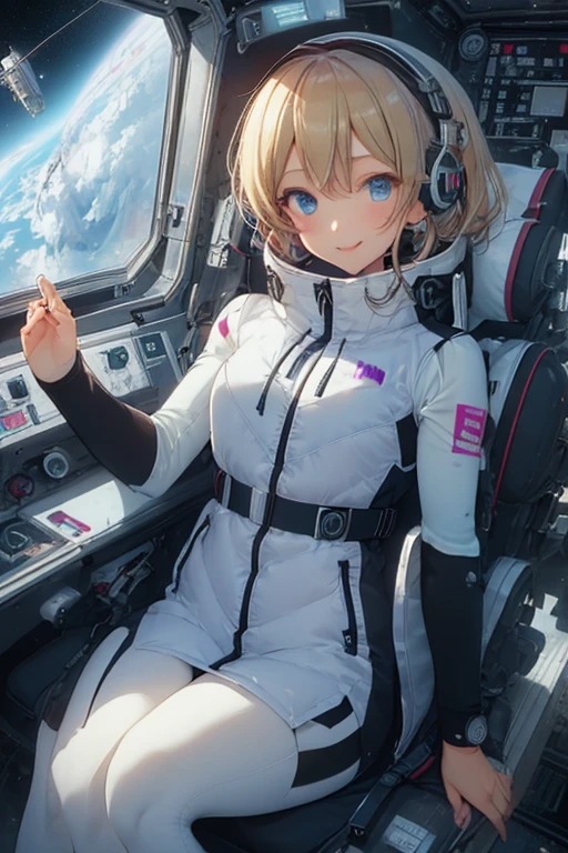 masterpiece, highest quality, high resolution, breasts, 20yo,1 girl,(solo):2,,blonde hair,(inside space station):2,flying:2,floatong:2,zero gravity,wind:1.5,anime lovelive style,
BREAK
headphone,(futurstic tight-fit bodysuit):2,(shiny silver long downvest):100,(northface silver metallic puffy downvest):2,(puffy):2,(black sleeves):5,(black tights):2,(black belt),futuristic boots and gloves,(smartwatch):100,astrovest
BREAK
1 girls, sitting in spacecraft cabin with 4-point seat belt, securely fastened, space station interior, looking out of large windows at Earth below, beautiful eyes, she have aluminum foil pouch,(aluminum foil pouch with plastic viewing window):2, contains nutritious liquid or puree together, smiling and chatting, bright and cheerful expressions, high quality cinematic lighting, detailed textures, sharp focus,blue hair,blue eyes,