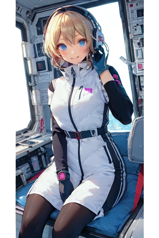 masterpiece, highest quality, high resolution, breasts, 20yo,1 girl,(solo):2,,blonde hair,(inside space station):2,flying:2,floatong:2,zero gravity,wind:1.5,anime lovelive style,
BREAK
headphone,(futurstic tight-fit bodysuit):2,(shiny silver long downvest):100,(northface silver metallic puffy downvest):2,(puffy):2,(black sleeves):5,(black tights):2,(black belt),futuristic boots and gloves,(smartwatch):100,astrovest
BREAK
1 girls, sitting in spacecraft cabin with 4-point seat belt, securely fastened, space station interior, looking out of large windows at Earth below, beautiful eyes, she have aluminum foil pouch,(aluminum foil pouch with plastic viewing window):2, contains nutritious liquid or puree together, smiling and chatting, bright and cheerful expressions, high quality cinematic lighting, detailed textures, sharp focus,blue hair,blue eyes,