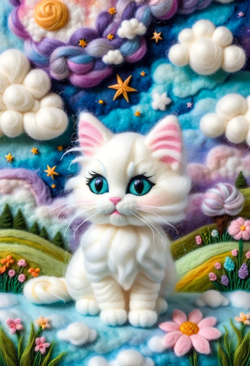 Artwork made of felt stitched onto felt canvas, Needle felt art: 1.5, Wool felt art: 1.5, Kitten masterpiece, fairyland, floating kitten, fluffy clouds, furry cat, innocent and playful furry cat, dreamy space, intricate details, high detail, high quality, master piece,