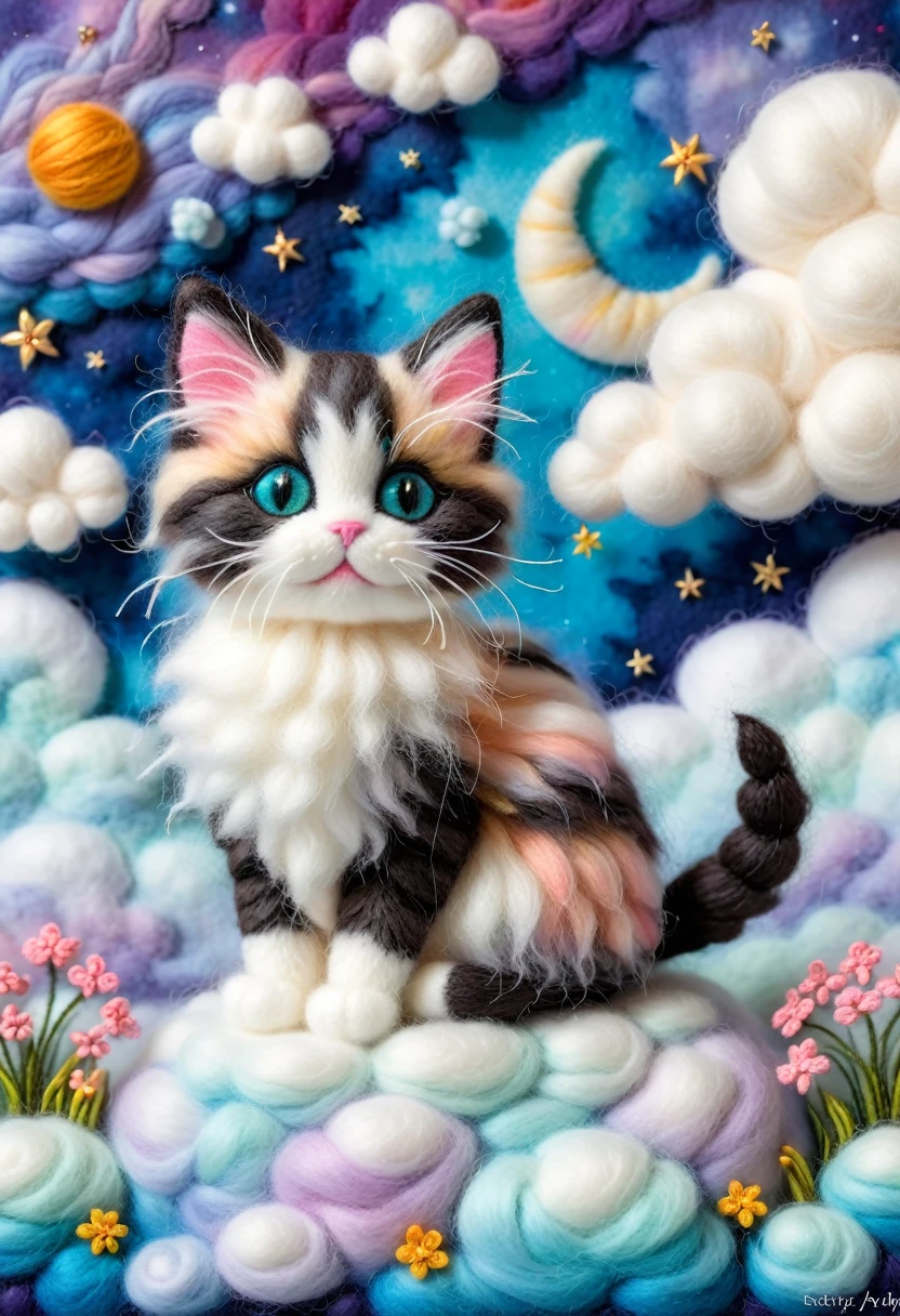 Artwork made of felt stitched onto felt canvas, Needle felt art: 1.5, Wool felt art: 1.5, Kitten masterpiece, fairyland, floating kitten, fluffy clouds, furry cat, innocent and playful furry cat, dreamy space, intricate details, high detail, high quality, master piece,