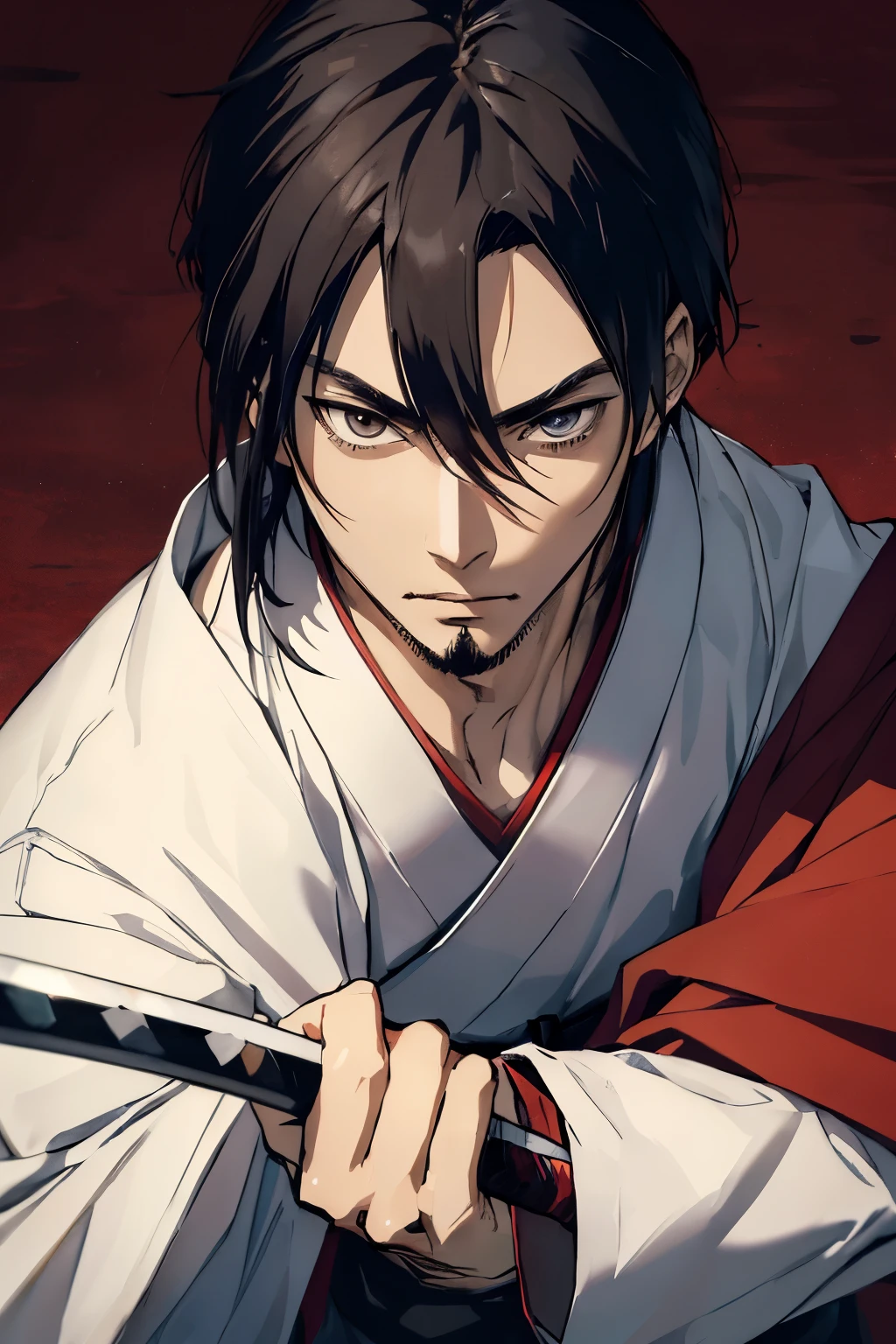 ((best qualityer)), ((work of art)),(Samurai) ,(アニメ), Samurai com uma katana de cor roxa e fone de ouvido, naughty man ,dark skin and black hair, teenager