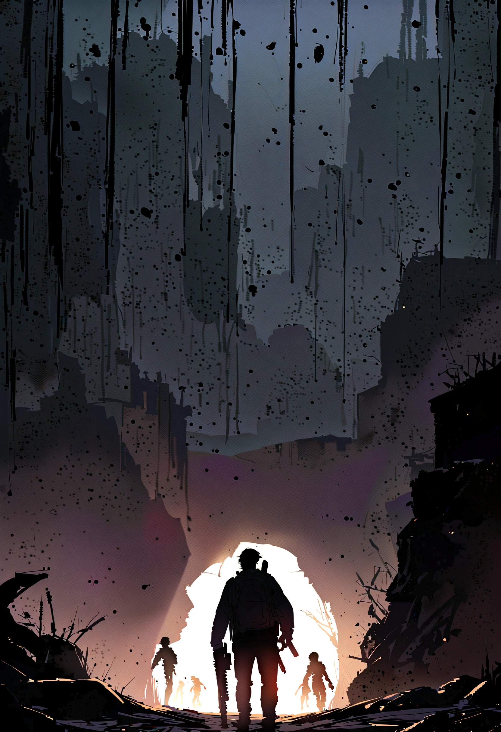 a tired and limping man with a backpack and a double-barreled shotgun, running away from decaying zombies that are breaking fences behind him, drawn in a somber tone. the man's face is not visible, adding to the mysterious and tense atmosphere of the scene.