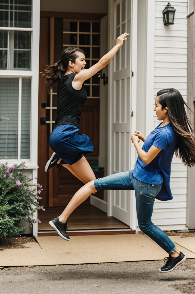 Sister kicking angry sister out of the house 