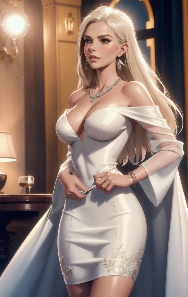 A slender beautiful woman in ballroom, she wears a tight off-the-shoulder white short dress that fits snugly to her body, ((large_breasts)), collarbone, long sleeves, (photorealistic:1.2) (best quality) (intricate details) (8K) (High Poly) (ray tracing) (cinema lighting) (sharp focus) (detailed face), jewelry, necklace, wedding dress, garter, bracelet, earrings, realistic skin textures, (she is 25 years old), [Victoria Beckham], [[Kate Beckinsale]], [Jenna Coleman], ((platinum blonde))

