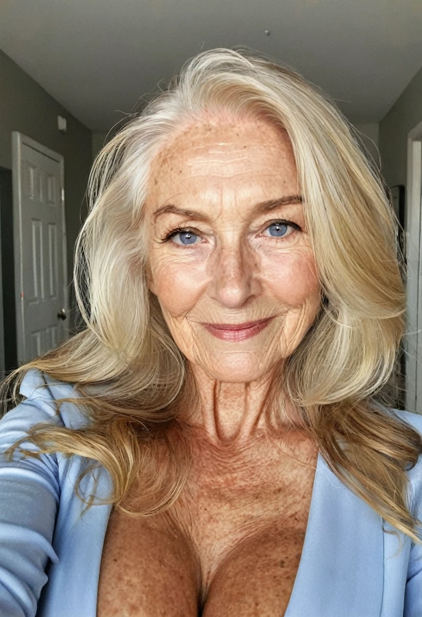 instagram selfie , a 75 year old gorgeous woman, in love with the viewer, happy smile , detailed skin face and eyes, natural lighting , at home , long thick blond hair, brown roots hair, brown eyebrows,, wearing white professional business attire, film grain, natural face, blue eyes, dark circles under eyes, big breasts, cleavage, wide shoulders, fit body, natural makeup, thin waist, nude, naughty