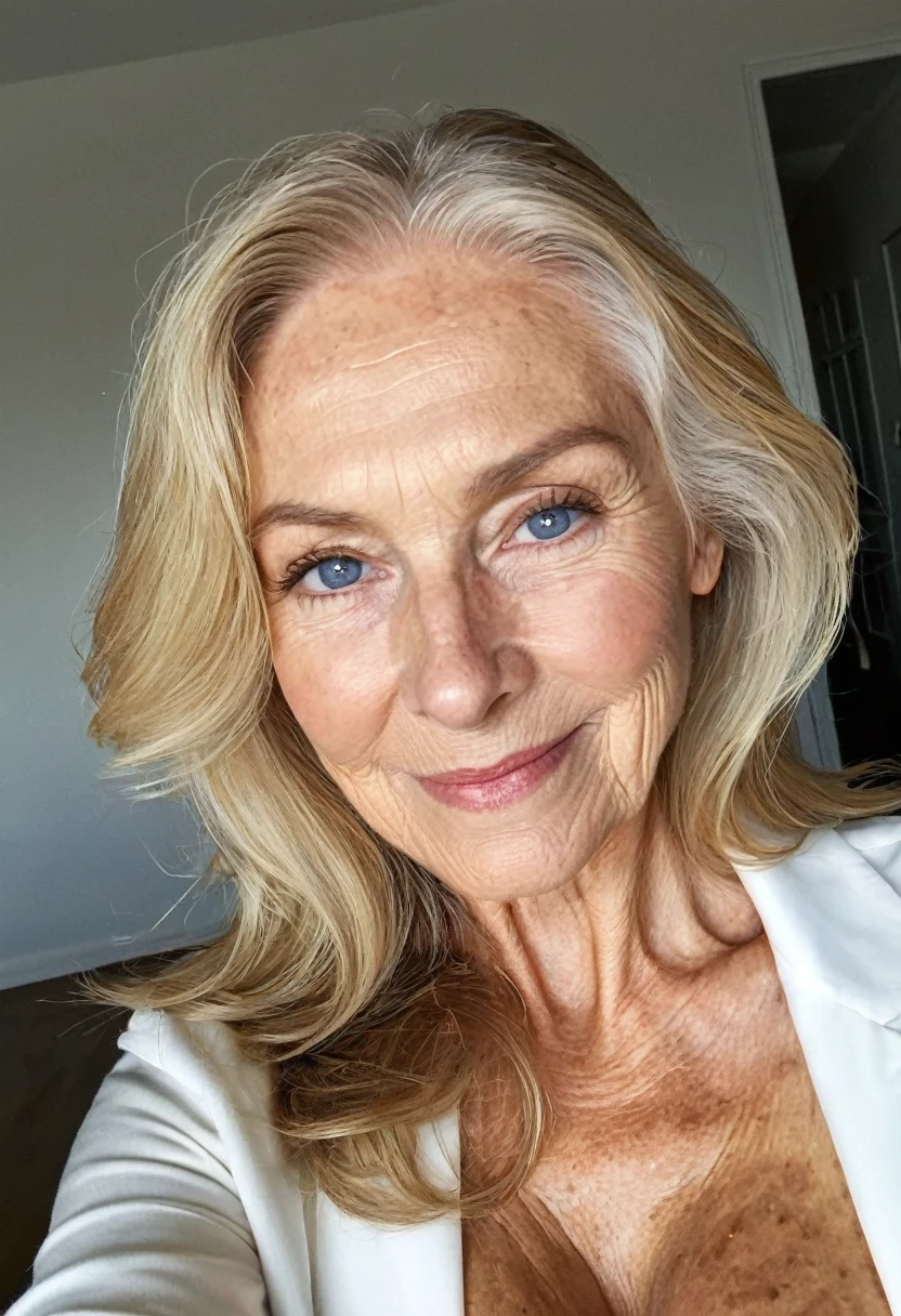 instagram selfie , a 75 year old gorgeous woman, in love with the viewer, happy smile , detailed skin face and eyes, natural lighting , at home , long thick blond hair, brown roots hair, brown eyebrows,, wearing white professional business attire, film grain, natural face, blue eyes, dark circles under eyes, big breasts, cleavage, wide shoulders, fit body, natural makeup, thin waist, nude, naughty