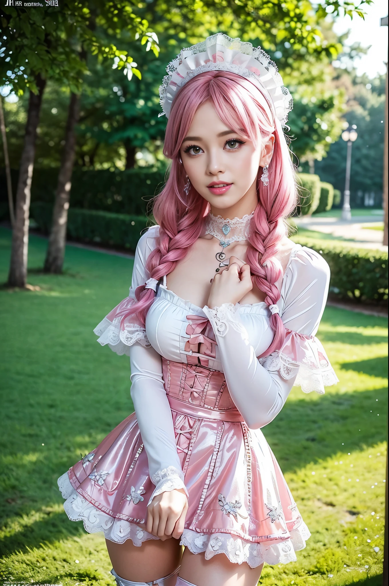 (nsfw), sexy stylish Swedish model, only 1 female, ((doll-like appearance)), short neon pink stylish hair, ((shiny Victorian-Style boots)), (big smile), ultra detailed eyes, vivid eye makeup, lip-gloss, long lashes, defined eyebrows, ((sexy Paradise Kiss cosplay)), bell-shaped skirt, petticoats, high neckline, puffed sleeves, ((ultra detailed lace)), ((ultra detailed embroidery)), intricate details, Paradise Kiss accessoires and matching headpiece, choker, ((large sparkling Paradise Kiss jewelry)), cinematic light, detailed large park background with trees