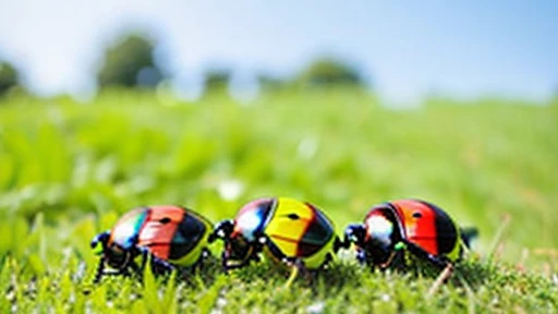 Children playing with beautiful beetles in the grassland、Children playing with beautiful beetles in the grassland、Colorful Mushiking