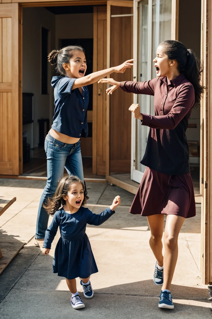 Sister kicking angry sister out of the house (arguing)