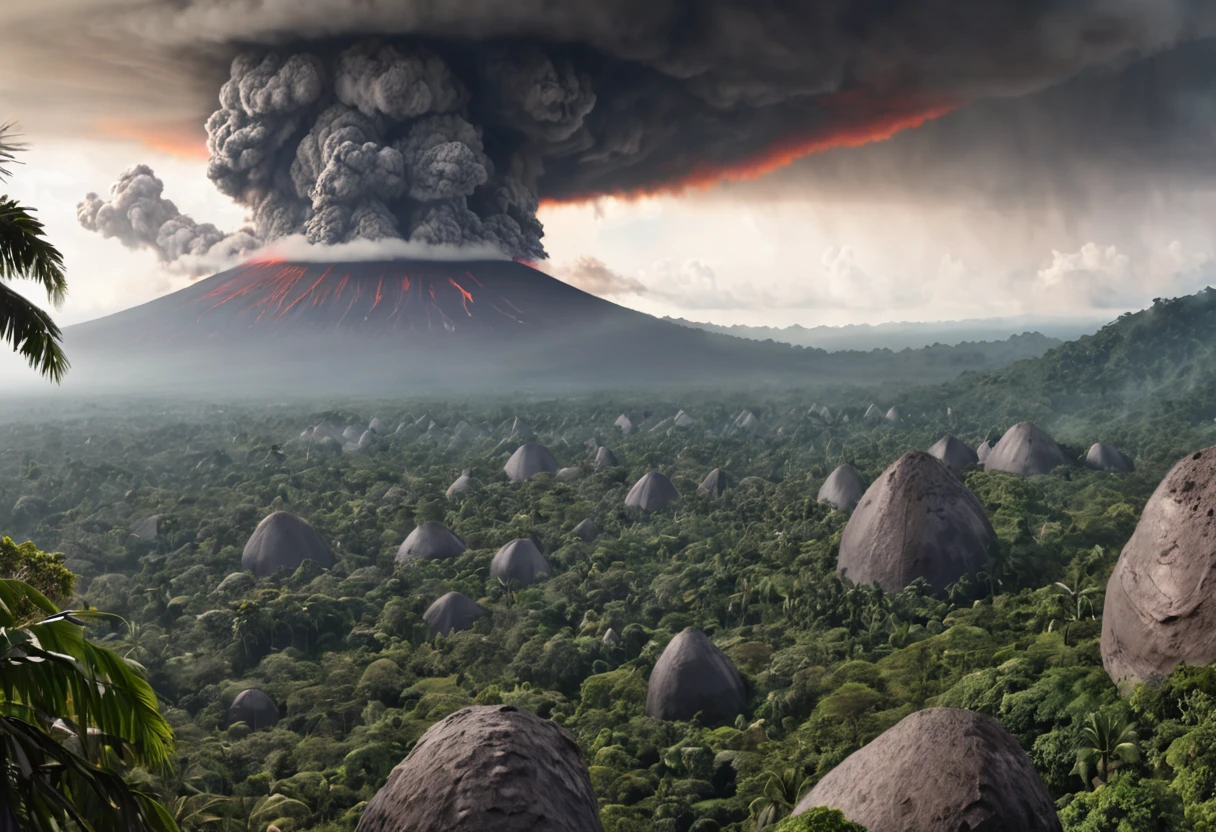 bottom-to-top angle shot, a wide range panoramic shot of looking over the canopies of jungle trees to an ashen cloud very far in the distance, pyroclastic cloud in the far distance, very few spits of magma boulders, 8k resolution, highly detailed matte painting, realistic, HDR, DSLR,