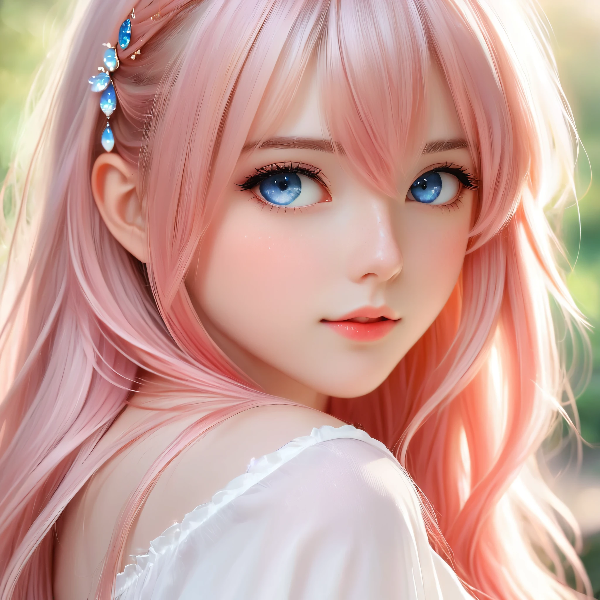 A hyper-realistic close-up portrait of an anime girl with striking blue eyes and long, flowing pink hair. She has a delicate, ethereal beauty with soft, rosy cheeks and subtle freckles. The background is softly blurred, adding to the dreamy and magical atmosphere. The girl's expression is calm and serene, capturing a sense of gentle wonder. Photo realistic, photo, vibrant colors, 16k