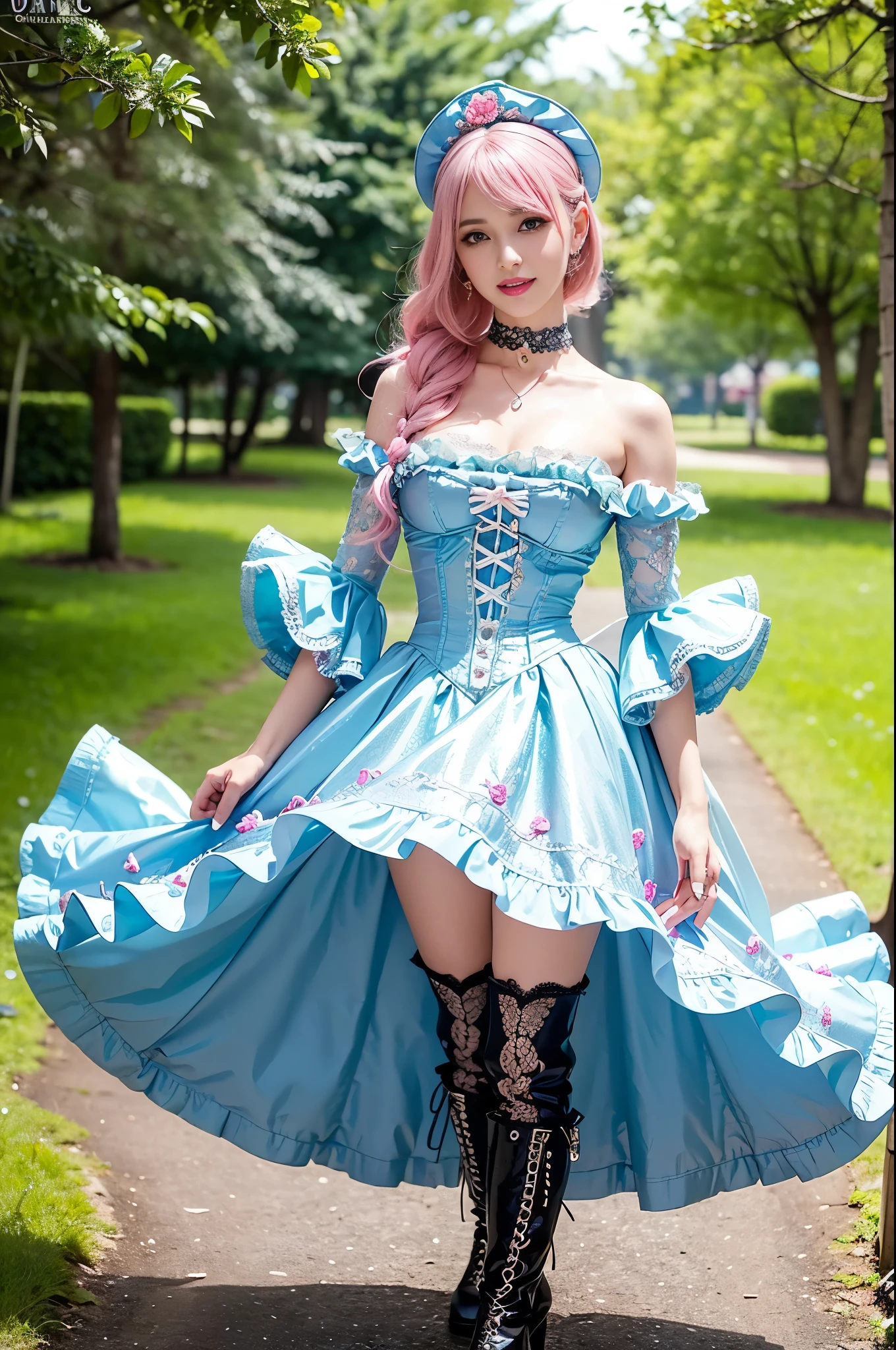 (nsfw), sexy stylish Swedish model, only 1 female, ((doll-like appearance)), short neon pink stylish hair, ((shiny Victorian-Style boots)), (big smile), ultra detailed eyes, vivid eye makeup, lip-gloss, long lashes, defined eyebrows, ((sexy Paradise Kiss cosplay)), bell-shaped skirt, petticoats, high neckline, puffed sleeves, ((ultra detailed lace)), ((ultra detailed embroidery)), intricate details, Paradise Kiss accessoires and matching headpiece, choker, ((large sparkling Paradise Kiss jewelry)), cinematic light, detailed large park background with trees