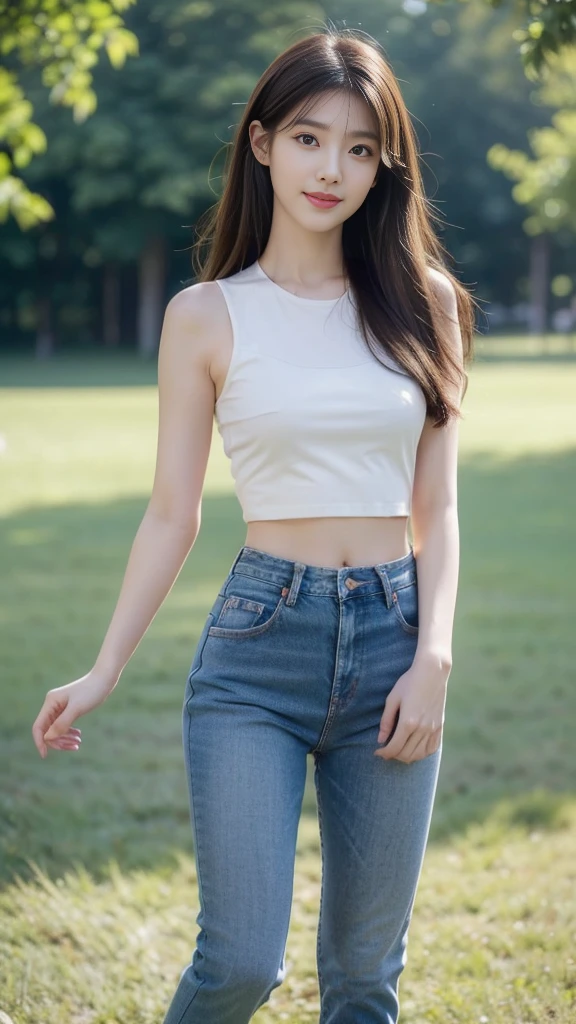 best quality, realistic, Wallpaper CG with excellent details Unity 8,000, depth of field, cinematic light, lens flare, ray tracing, ((an exceptionally beautiful face, beautiful nose, beautiful lips, beautiful eyes)), ((Face with fine details)), ((Very transparent and natural skin)), ((asian young woman)), ((small smile:1.3), (blurred background), (bright lights), (There are no people in the background:1.3), ((clear eyes)), ((front pose)), ((pale skin)), ((look at me)), ((full body shot)), ((light brown hair)), ((A thin waist)), ((natural arm movements)), ((Fine-grained fingers)), ((precise fingers)), black crop top, long jeans, ((medium boobs)), ((medium ass))、((Long limbs))、((Full-body depiction))、((stand))、((Full-body depiction))、((thick thighs))、((stand)), ((standing on the lawn in the park))