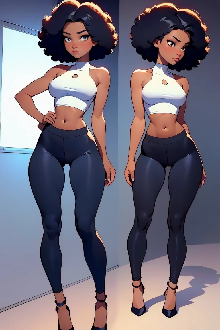 afro american girl, dark skin, behind view, afro haircut, 1 girl, solo, (black leggins) (crop tank top low neckline), sleveless, medium perky , wide hips