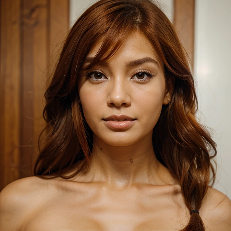 Eurasian woman with ginger hair with brown skin