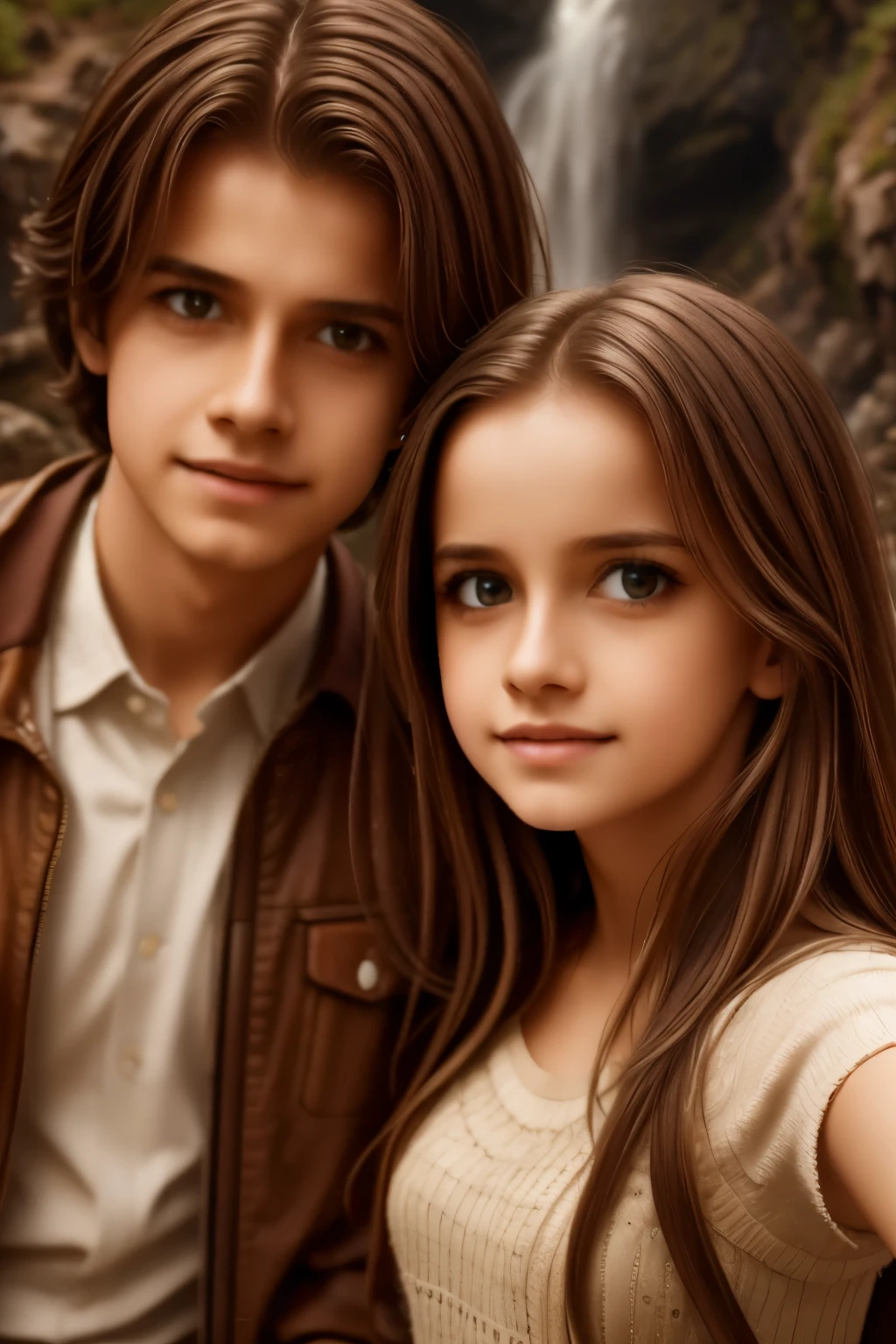 a boy and a girl taking a selfie near a waterfall, detailed portrait, beautiful eyes and lips, high quality, realistic, photorealistic, 8k, detailed background, beautiful waterfall scene, natural lighting, vibrant colors, dynamic composition, cinematic