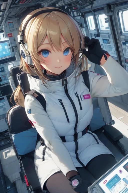 masterpiece, highest quality, high resolution, breasts, 20yo,1 girl,(solo):2,,blonde hair,(inside space station):2,flying:2,floatong:2,zero gravity,wind:1.5,anime lovelive style,
BREAK
headphone,(futurstic tight-fit bodysuit):2,(shiny silver long downvest):100,(northface silver metallic puffy downvest):2,(puffy):2,(black sleeves):5,(black tights):2,(black belt),futuristic boots and gloves,(smartwatch):100,astrovest
BREAK
1 girls, sitting in spacecraft cabin with 4-point seat belt, securely fastened, space station interior, looking out of large windows at Earth below, beautiful eyes, she have aluminum foil pouch,(aluminum foil pouch with plastic viewing window):2, contains nutritious liquid or puree together, smiling and chatting, bright and cheerful expressions, high quality cinematic lighting, detailed textures, sharp focus,blue hair,blue eyes,