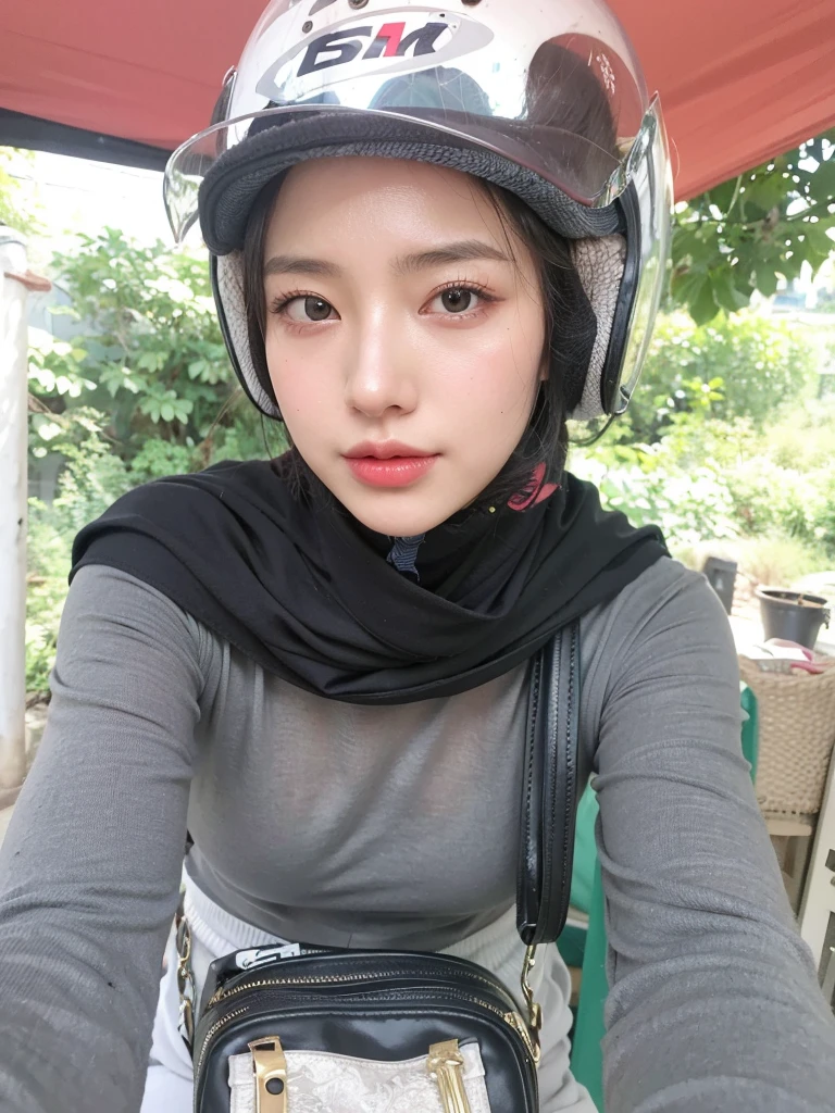 (Best quality, 8k, 32k, Masterpiece, UHD:1.2),Photo of Pretty Japanese woman, large breasts, super tight shirt, fetish woman with scarf, transparent tight shirt.