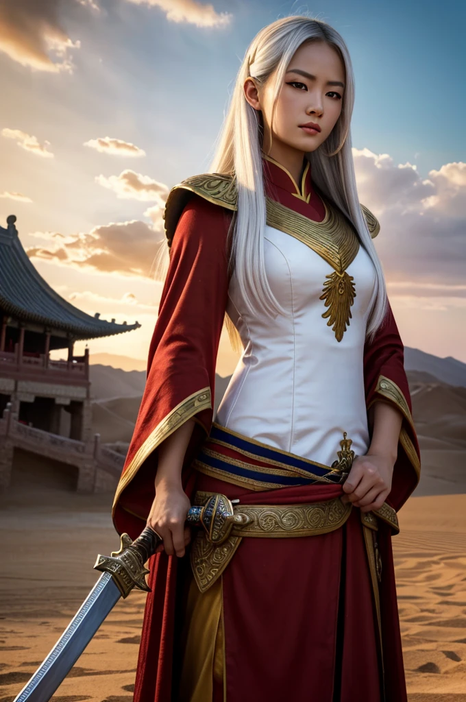 (Best Quality,hight resolution,Masterpiece:1.2),HDR,Ultra-detailed,Realistic,Photorealistic:1.37, Chinese, Ancient battlefield, Chinese female general, holding a sword in her hand, Serious expression, whole body, Stunning facial features, Red robe, armor, boots, Yellow sand flying in the sky, Fire, game model, stunning lighting, oc rendering, Film Rim Light, exquisite lighting, Ultra Detailed, Epic creation, Ultra HD, best quality, masterpiece, high quality, 8K, Girl with long hair, red eyes, solo, white long dress, Irelia, looking at the viewer, white colored hair, bronya, lips, corner, symmetric eyes, medieval background,