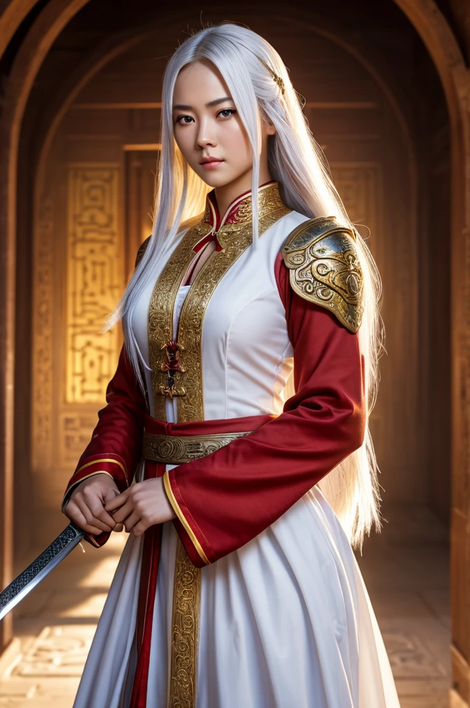 (Best Quality,hight resolution,Masterpiece:1.2),HDR,Ultra-detailed,Realistic,Photorealistic:1.37, Chinese, Ancient battlefield, Chinese female general, holding a sword in her hand, Serious expression, whole body, Stunning facial features, Red robe, armor, boots, Yellow sand flying in the sky, Fire, game model, stunning lighting, oc rendering, Film Rim Light, exquisite lighting, Ultra Detailed, Epic creation, Ultra HD, best quality, masterpiece, high quality, 8K, Girl with long hair, red eyes, solo, white long dress, Irelia, looking at the viewer, white colored hair, bronya, lips, corner, symmetric eyes, medieval background,