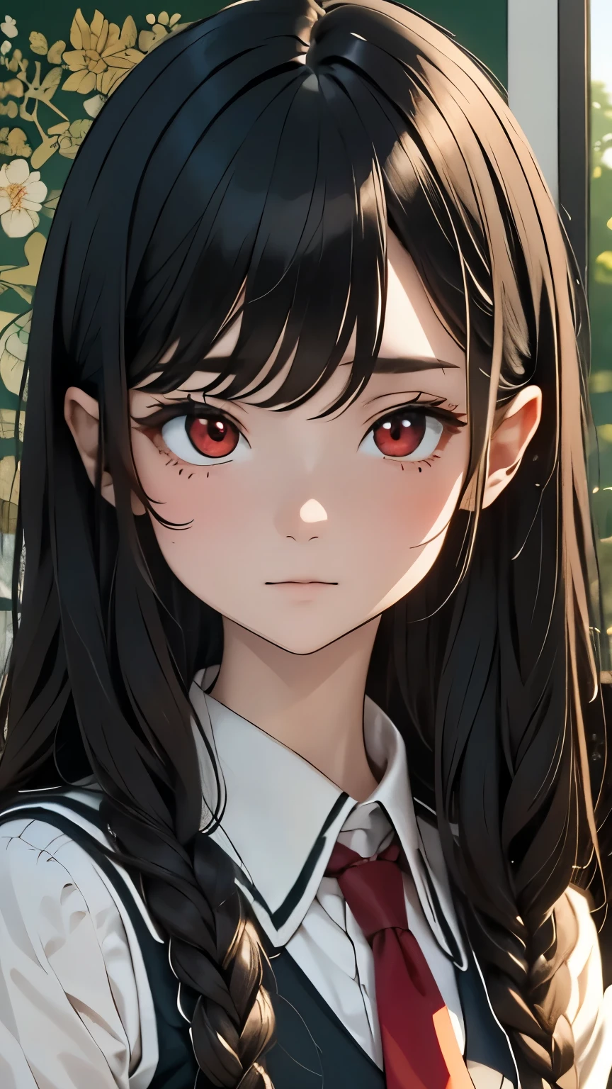 (Surreal), (8K), (Very detailed), (Best illustrations), (Beautiful attention to detail), (Highest quality), (Super detailed), (masterpiece), (wallpaper), (Detailed face), alone, (school uniform: 1.3), Looking at the audience, Exquisite detail, Black Hair, Long Hair, Red eyes, (whole body: 1.1)